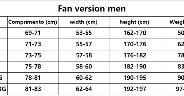 fan mens soccer jerseys size chart