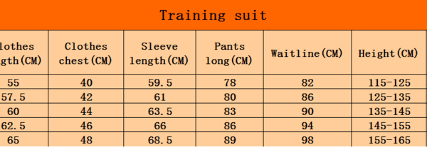 10-18 Kids Training Suit Size Chart