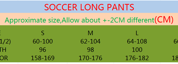 Soccer long pant size chart