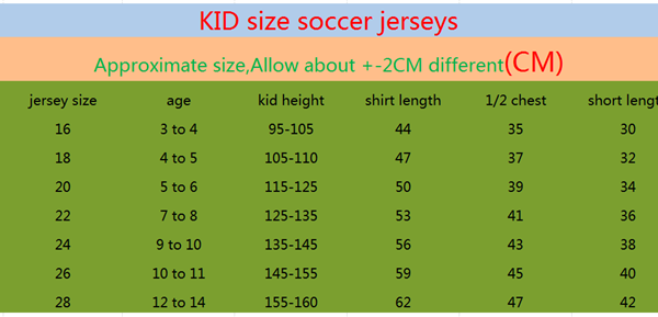 Kids Soccer Jersey Size Chart