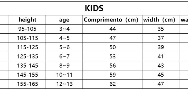 kids shirt kit size chart