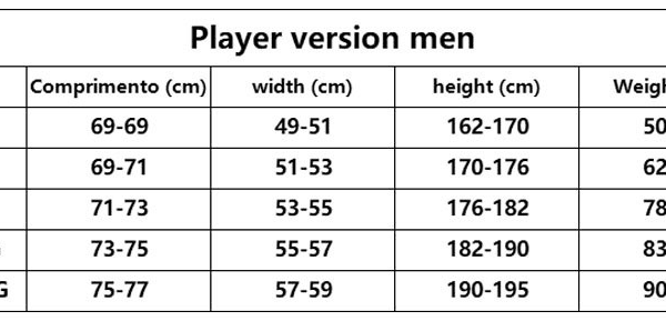 player mens soccer jerseys size chart