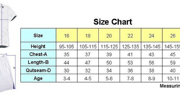 Size chart for kids soccer jersey set