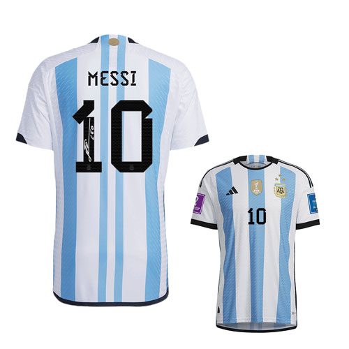 Authentic SignMESSI #10 Argentina Champions 3 Stars Home Soccer Jersey 2022