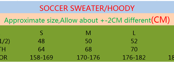 Soccer Sweatshirt & Hoody Size Chart