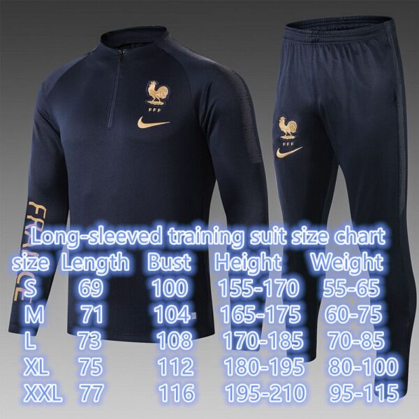 Long-sleeved training suit size chart